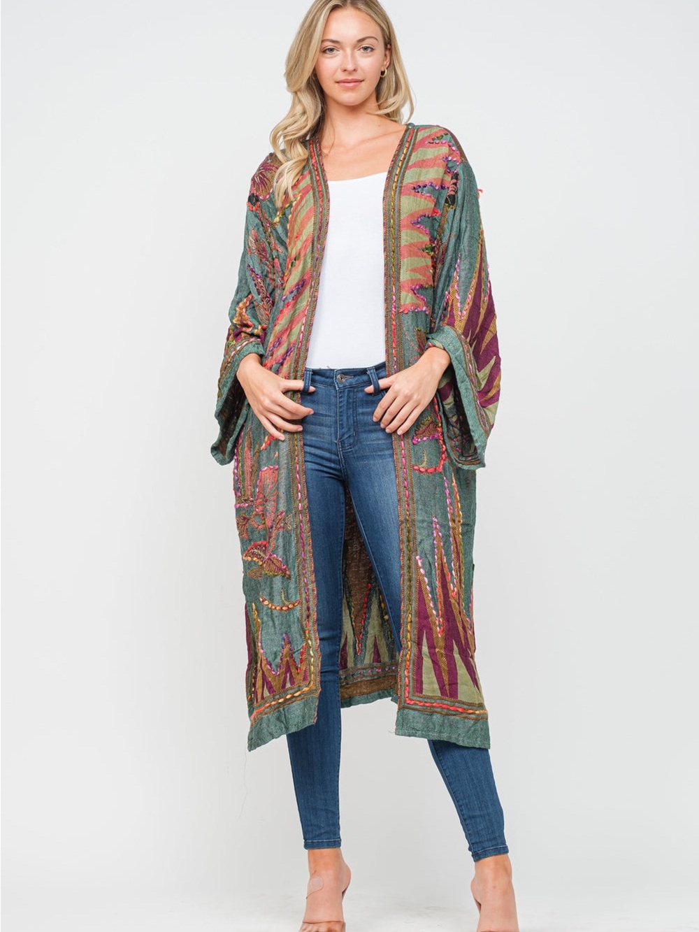 Raj Green Multicolor Embroidered Open-Front Kimono Cardigan